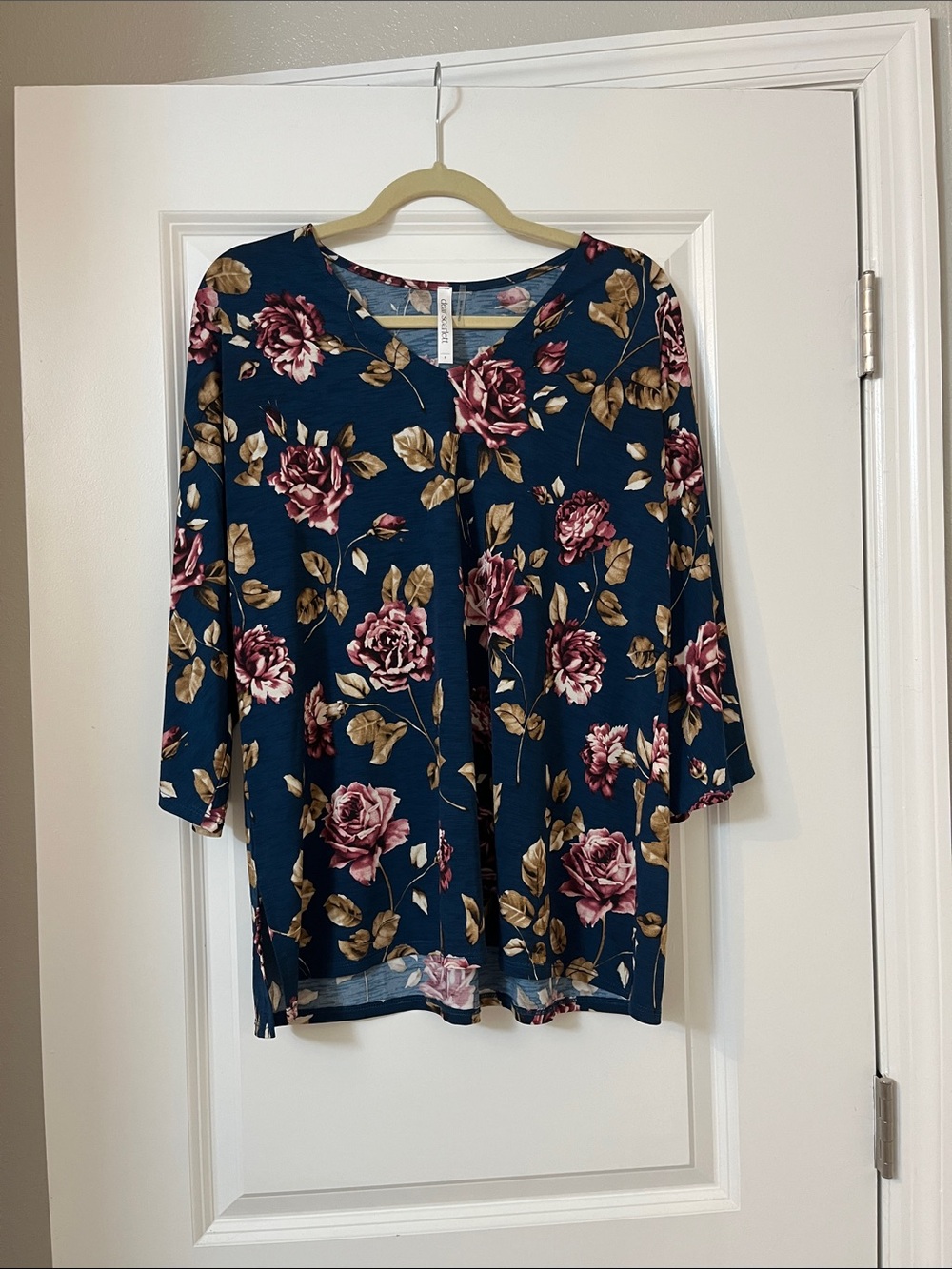 Navy Floral Scoop Neck Tunic with Pink Roses